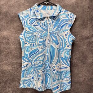 ICIKULS Sleeveless Polo Shirt Tank Top Womens L Blue Retro Print Golf